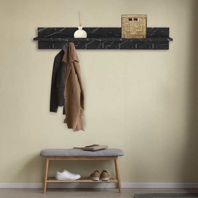 Bino - Wandkapstok - Zwart Marmer - 7x2 Haken - 106 cm