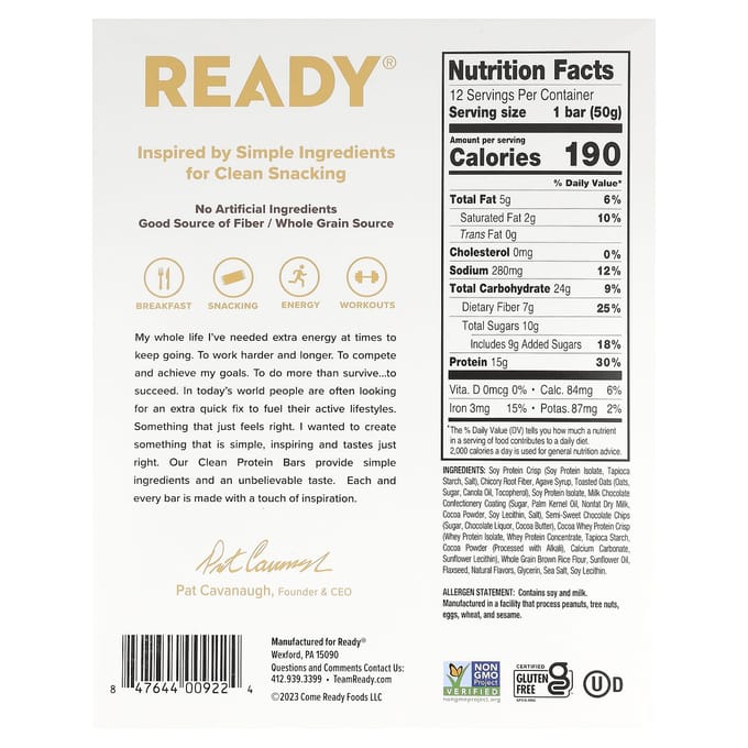 Klaar, Schone Eiwitreep, Chocolade Chip, 12 repen, 50 g (1,76 oz) elk