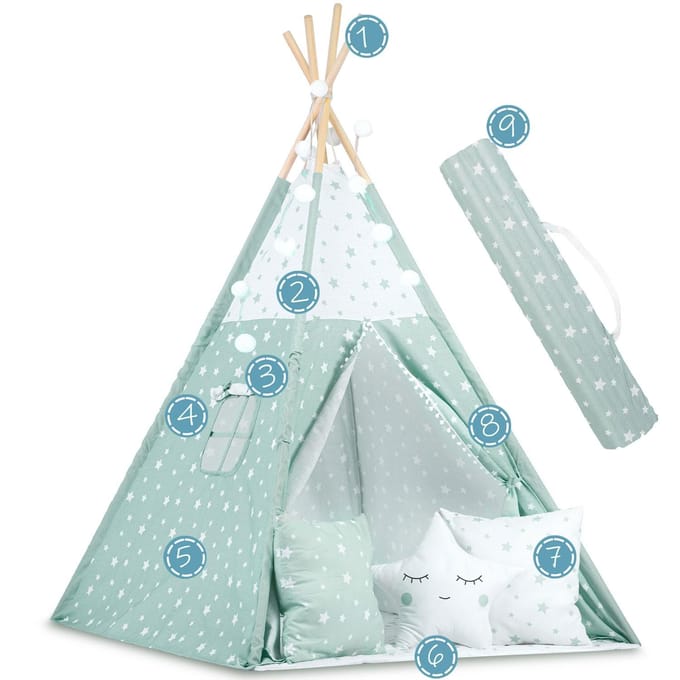 Tipi-tent voor kinderen met verlichting - mint met sterren