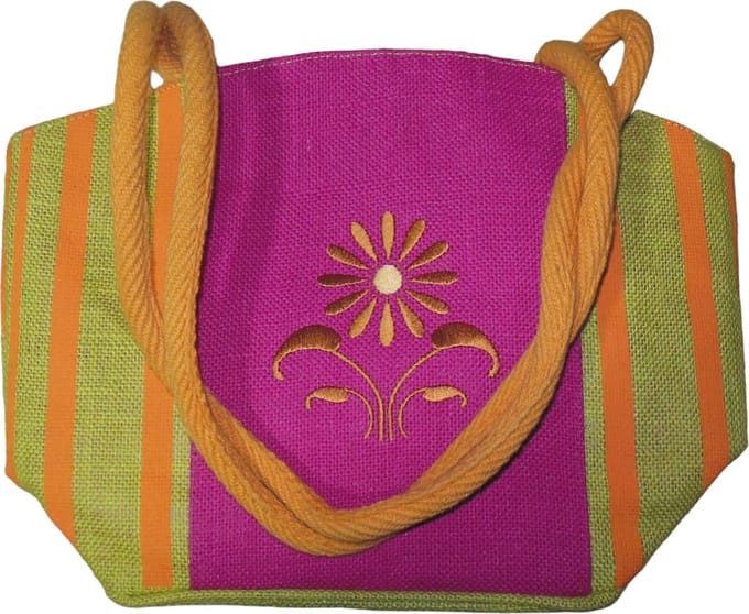 Schoudertas/Strandtas dames paars groen oranje met bloem