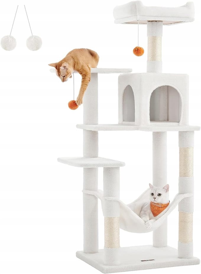 Feandrea Krabpaal 143cm met Hangmat & Huisje - Beige/Wit