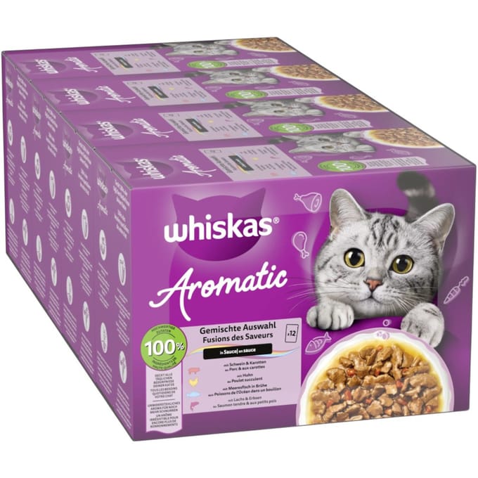 48x85g Whiskas 1+ Aromatic Selection Mix in Saus nat kattenvoer