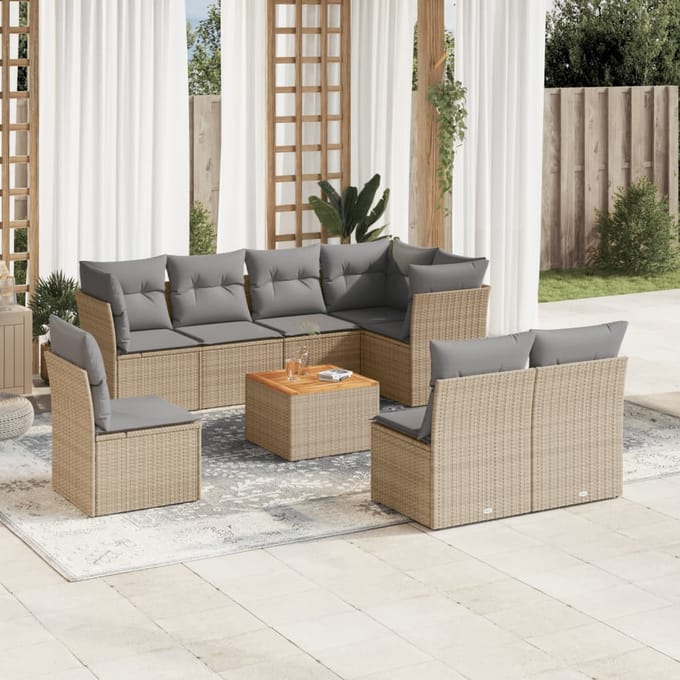 vidaXL - 9-delige - Loungeset - met - kussens - poly - rattan - beige