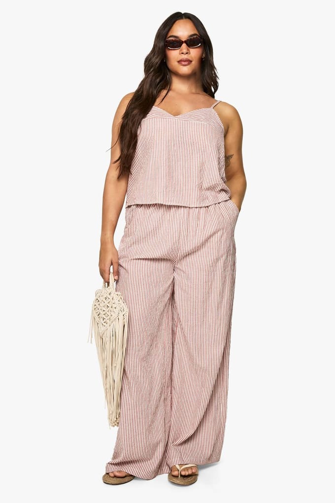 boohoo Dames Plus geweven gestreepte broek met elastische taille en wijde pijpen | Terracotta | Maat: 56