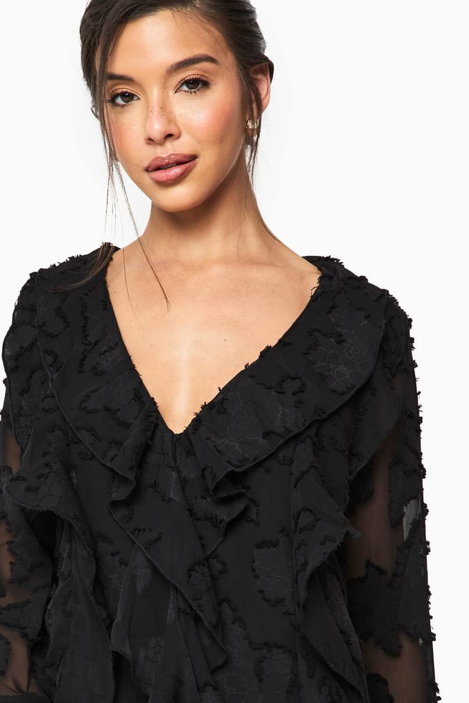 boohoo Dames Burnout Bloemen Ruffle Shift Jurk | Black | Maat: 10