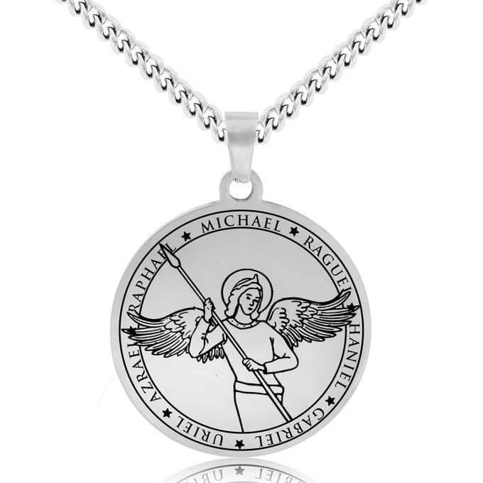 Beschermengel Michaël Ketting Zilverkleurig - Aartsengel Talisman / Medalion - Engelen Hanger - 60cm