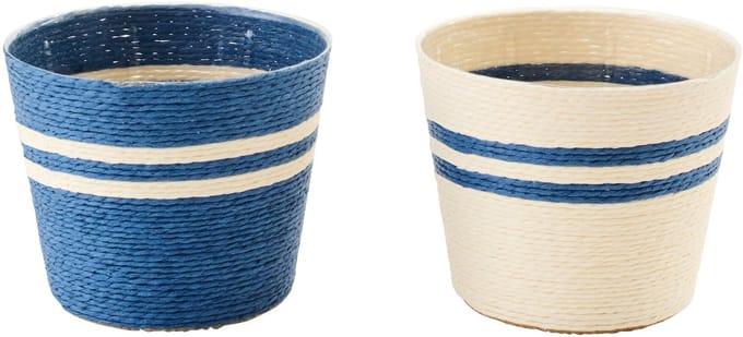 J-Line bloempot Gestreept - papier - wit/blauw - small - set van 2