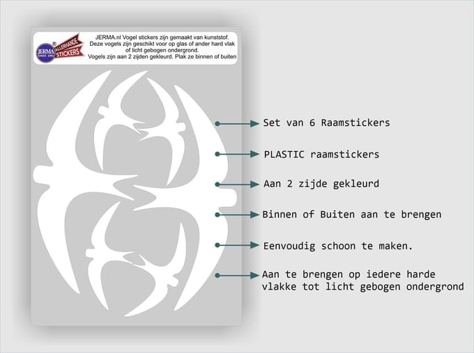 Jerma - Zwaluw - Wit - Raamstickers - Sticker - 6 vogels - 2 van 18.5x8 - 4 van 9x4 cm - Zelfklevend