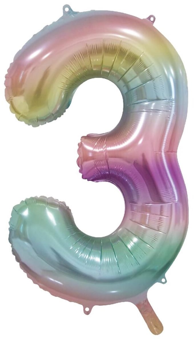 Folieballon cijfer 3 regenboog pastel, 86cm
