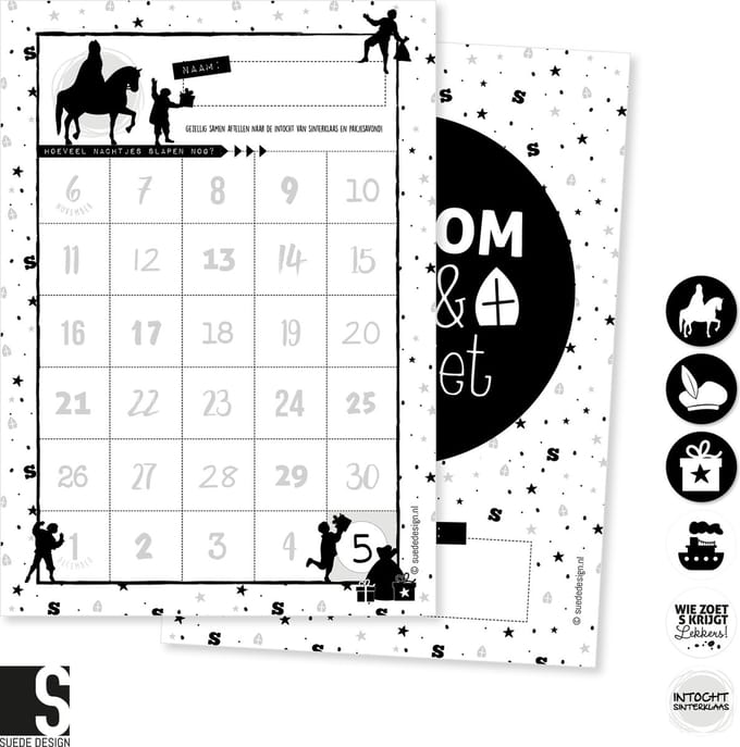 Sinterklaas aftelposter | Welkom Sint & Piet | Suede design aftelkalender A4