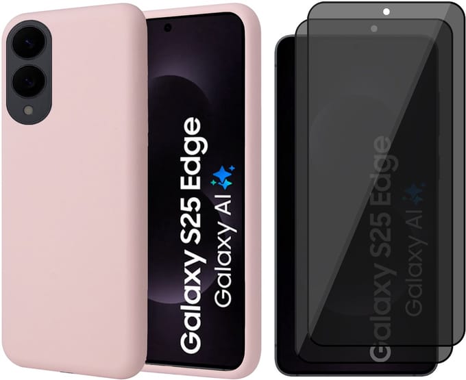 Hoesje geschikt voor Samsung Galaxy S25 Edge - 2x Privacy Screenprotector Volledig Dekkend Glas - Mat Back Case Roze