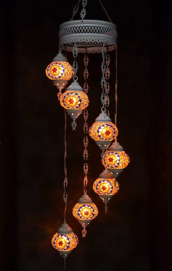 Hanglamp multicolour glas oranje mozaïek Oosterse lamp kroonluchter Crèmewit 7 bollen