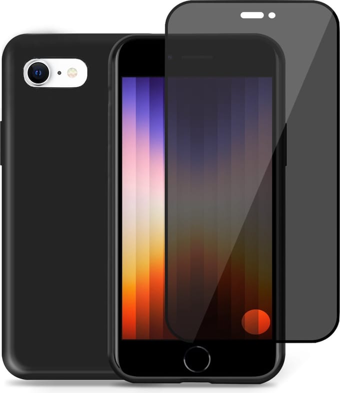 Hoesje geschikt voor iPhone SE 2022 + Privé Screenprotector – Privacy Tempered Glass - Back Case Cover Zwart