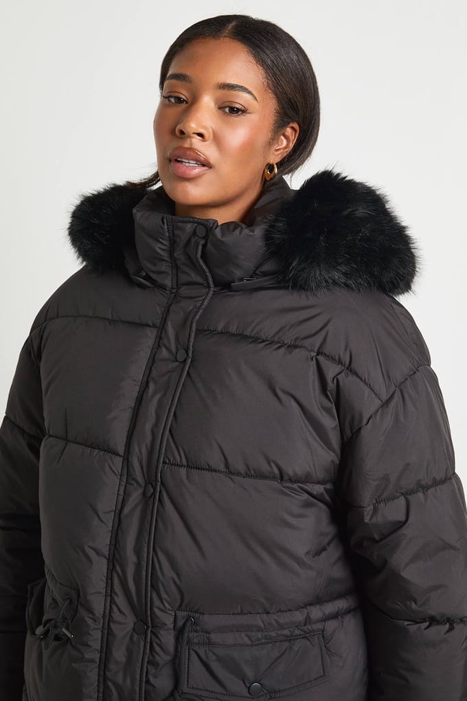 boohoo Dames Plus Parka met nepbontafwerking | Black | Maat: 16