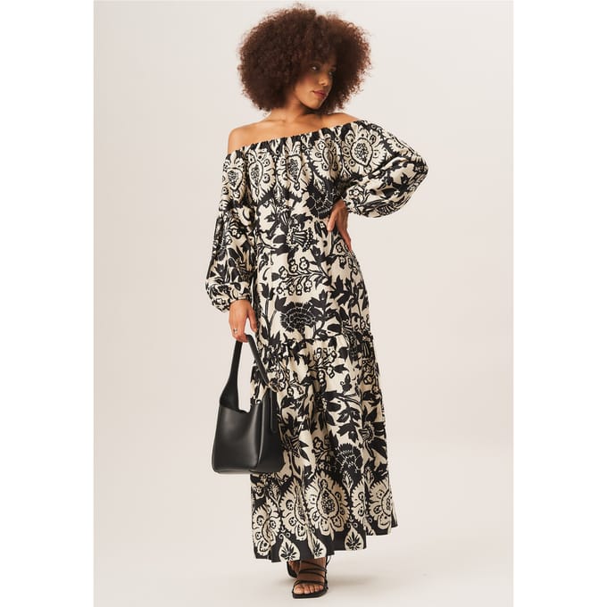 Bardot maxi-jurk met mono-randprint