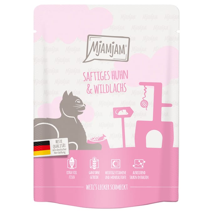 6x 300g MjAMjAM Squeeze Sappige Kip en Wilde Zalm Natte Kattenvoer