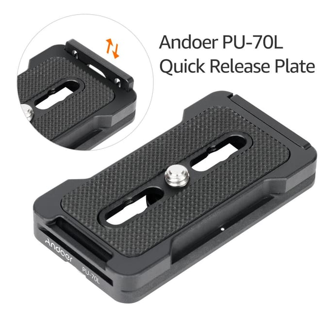 PU-70L Snelkoppelingsplaat QR-plaat 1/4 inch bevestigingsschroef Compatibel met Arca 70mm zwart