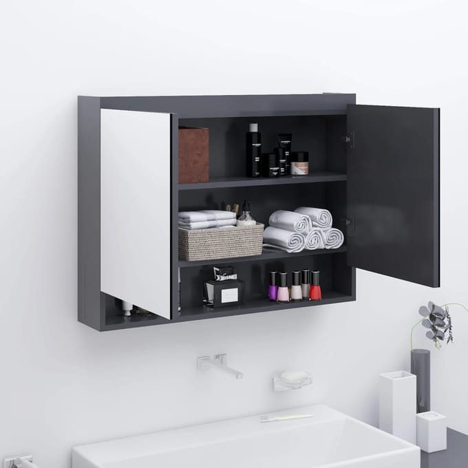 vidaXL - Badkamerkast - met - spiegel - 80x15x60 - cm - MDF - grijs