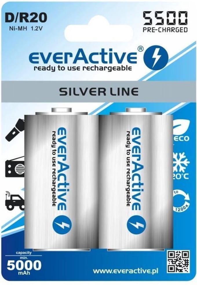 2 Stuks (1 Blister) - R20 D 5500mAh everActive herlaadbaar Silver Line