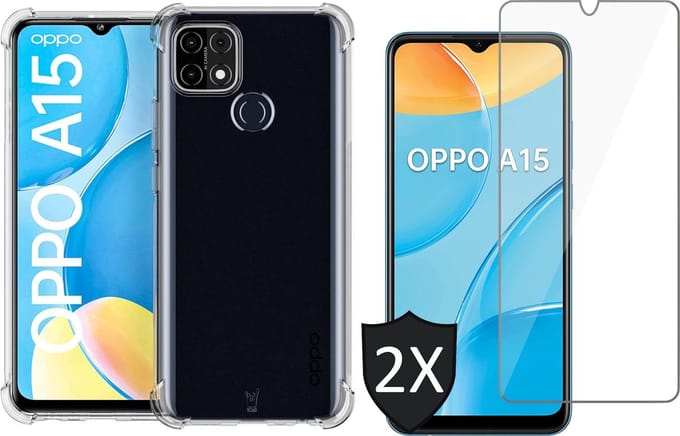 Hoesje geschikt voor Oppo A15 Transparant Shock Proof Case + 2x Screen Protector Glas