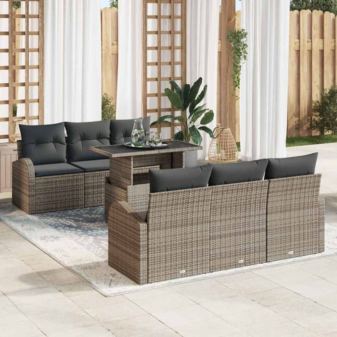 vidaXL Tuinbank Set met kussen met opslag 7 pcs Grijs Poly Riet