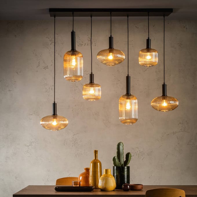 Lucide Maloto hanglamp, glas, 7-lichts, amber, 150 cm