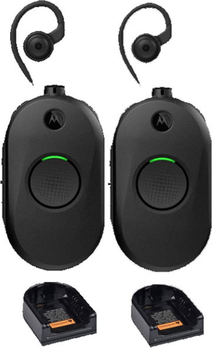 Set van 2 Motorola CLP446E Mini Portofoons met oortje en tafel lader