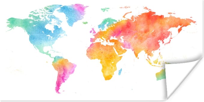 Wereldkaarten - Wereldkaart - Simpel - Waterverf - 160x80 cm