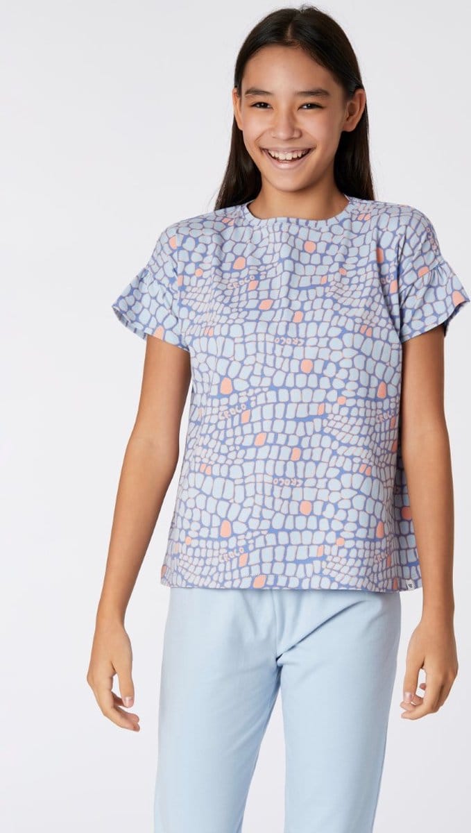 Woody Meisjes-Dames Pyjama blauwgrijs krokodil - maat 152/12J