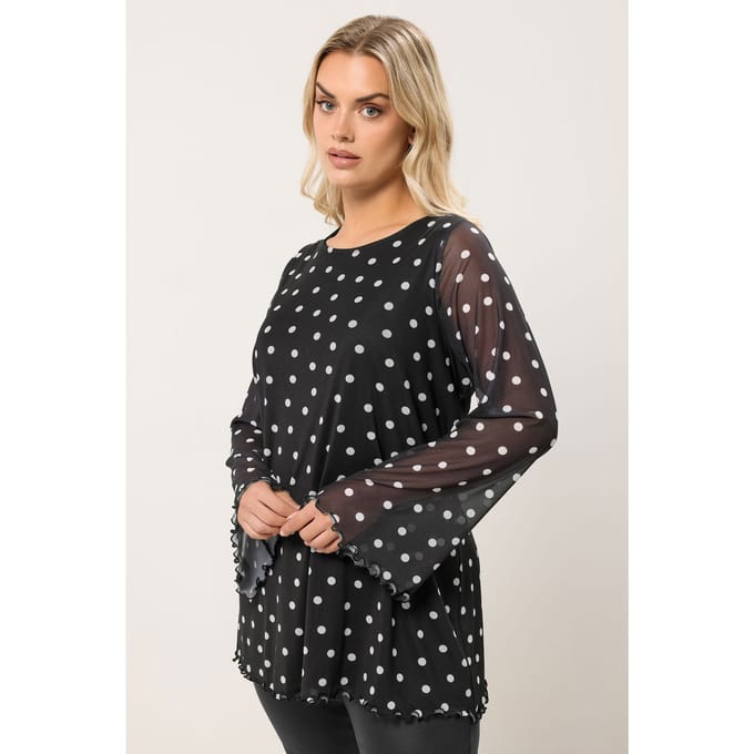 Yours Zwarte Polka Dot Mesh Swing Top Size 50-52
