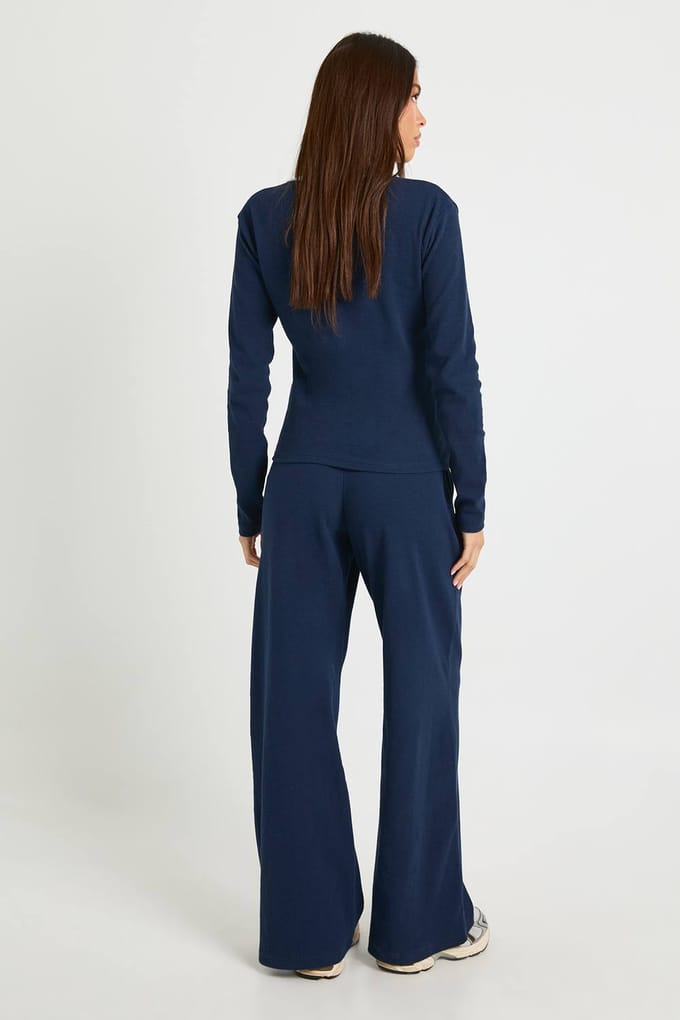 boohoo Dames Contrastbinding Henley button-down top & broek co-ord | Marineblauw | Maat: 36