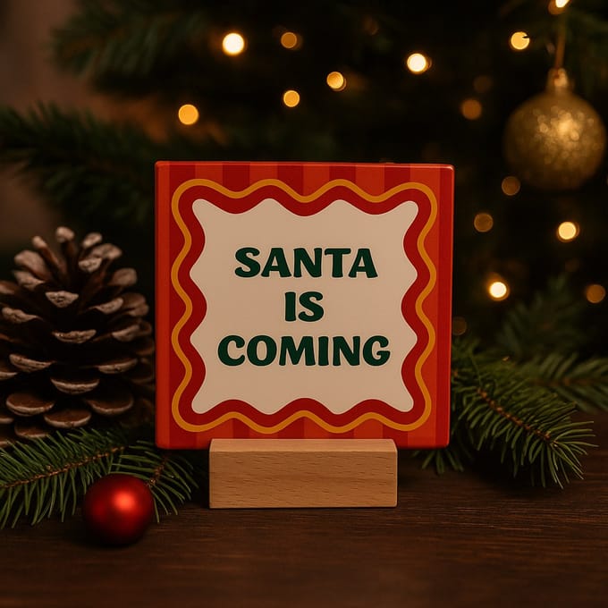 Santa is coming - Keramische decoratie tegel met tekst - Kerst