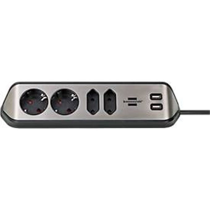 Hoekstopcontactstrip brennenstuhl® estilo, 4-voudig + USB-laadfunctie, IP20, met kabel & kleefkussens, L 70 x B 100 x H 300 mm, zwart-zilver