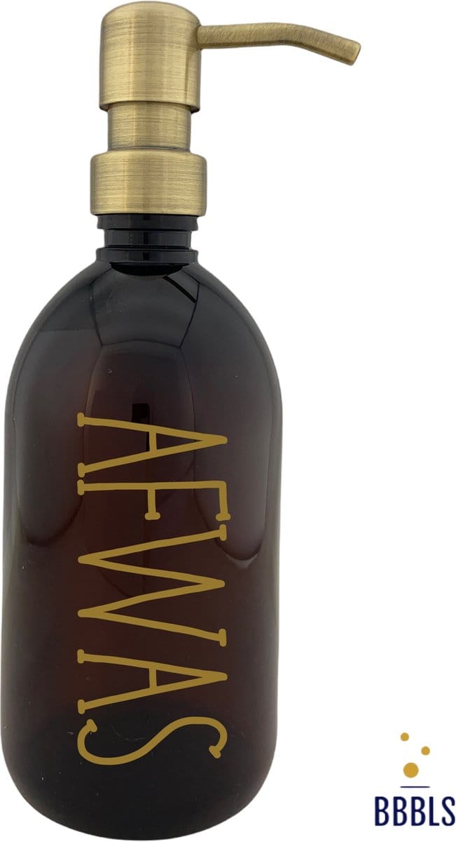 BBBLS® Design Dispenser "Afwas" | Bruin Kunststof | 500ml | RVS / Metaal Pomp Goud | Zeeppomp | Zeepdispenser | Zeephouder