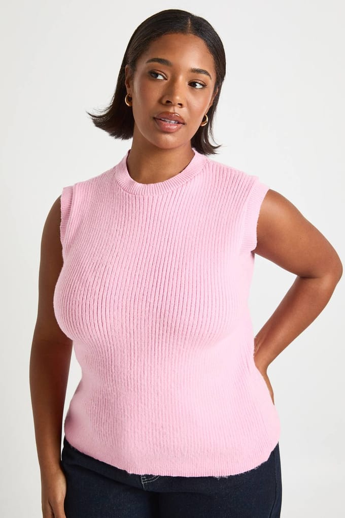 boohoo Dames Plus Gebreide Vest met ronde hals | Pink | Maat: 28