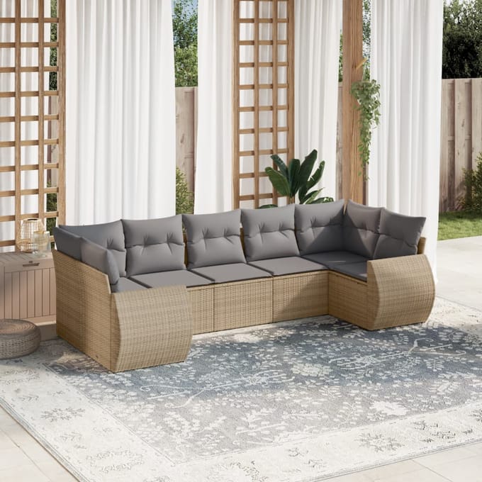 vidaXL - 7-delige - Loungeset - met - kussens - poly - rattan - beige