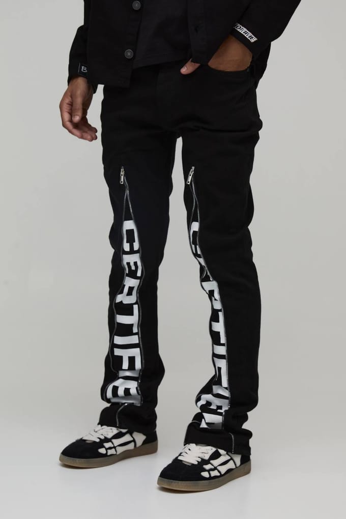 Slim Stacked Flare Zip Gusset Print Trouser | Black | Size 48