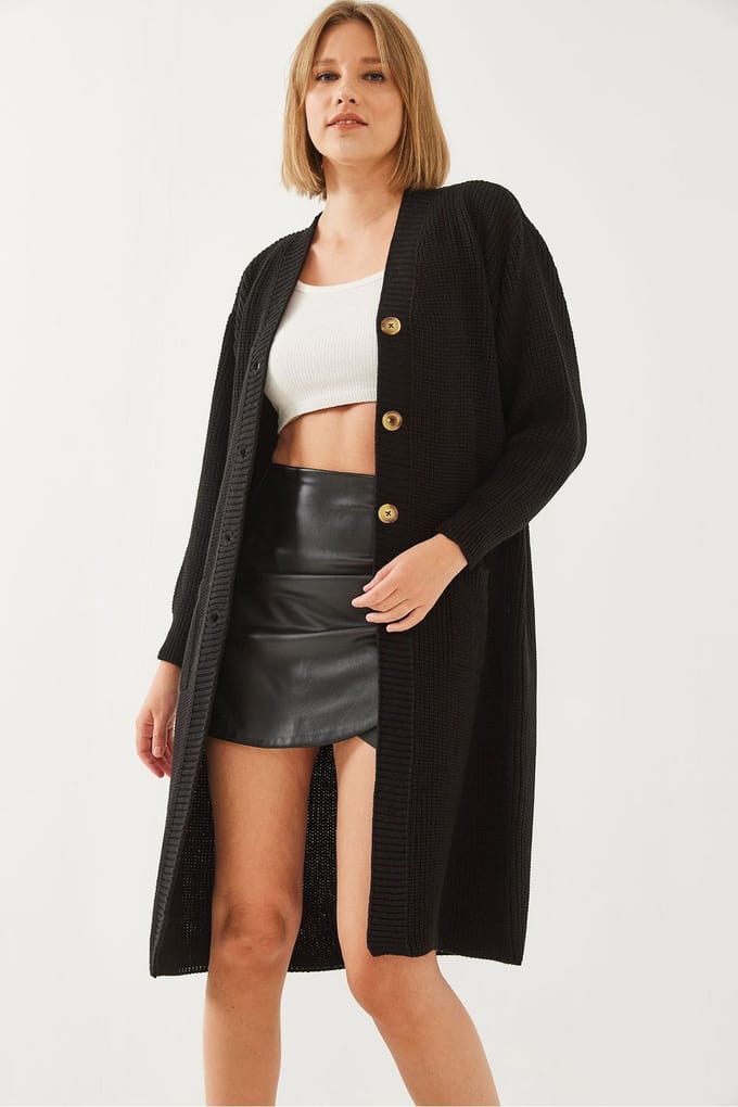 Gestructureerde Lange V-hals Knopen Cardigan
