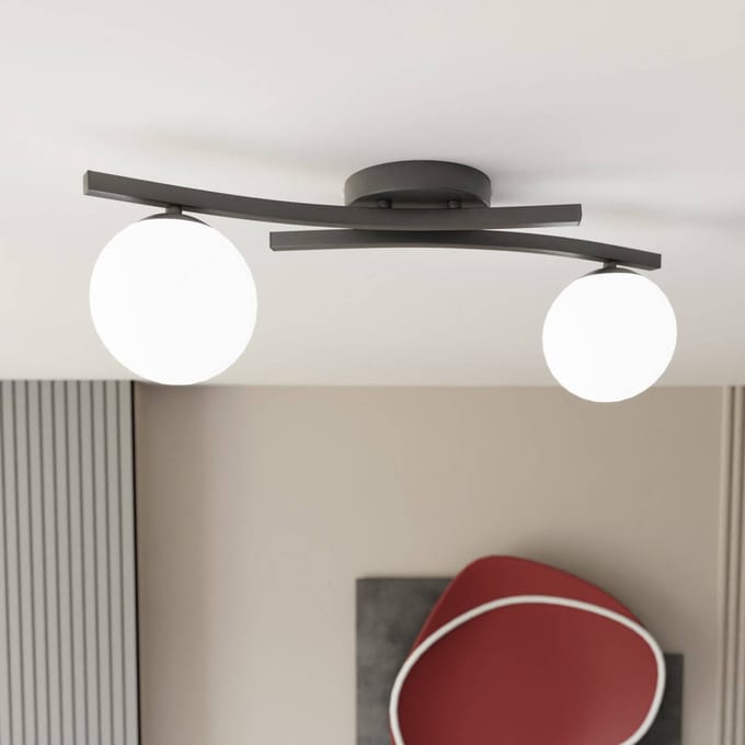 EMIBIG LIGHTING OPUS plafondlamp, lengte 60 cm, opaal/zwart, glas, 2-lamps.