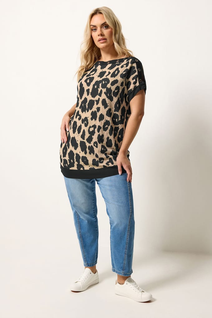 Yours Zwarte Top Met Luipaardprint En Eyeletdetail Size 48