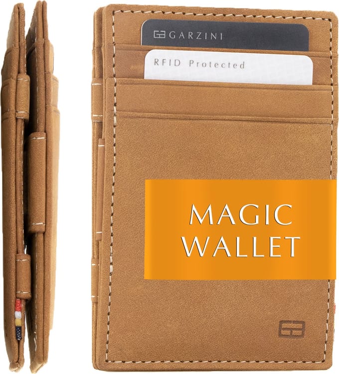 Garzini Portemonnee Heren, Leren Pasjeshouder RFID, Kaarthouder voor 10 Pasjes, Compacte Magic Wallet, Echt leer Portefeuille, Bruin