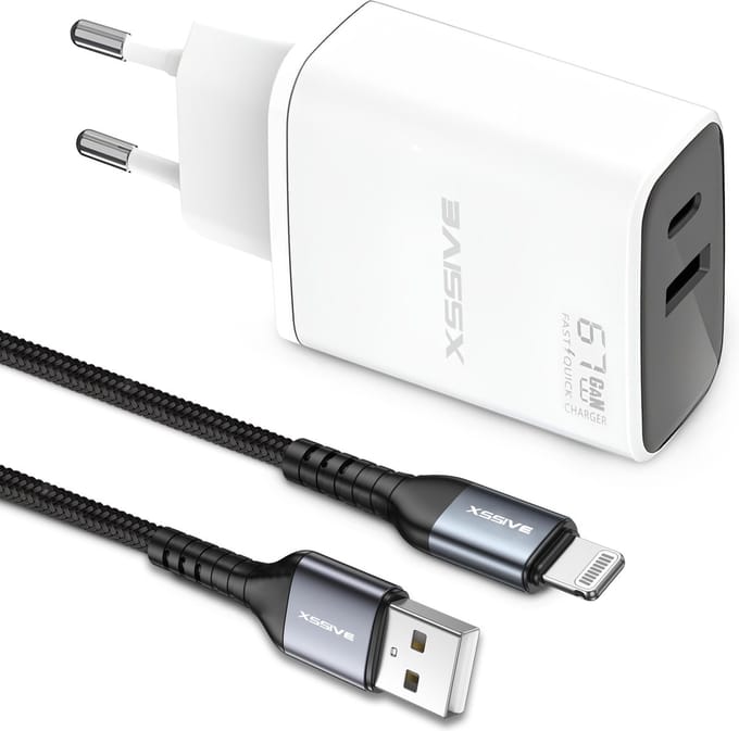 USB Stekker met USB-C en USB-A Poorten + Geschikt voor iPhone Kabel - Lightning naar USB-A Oplader - Xssive Origineel