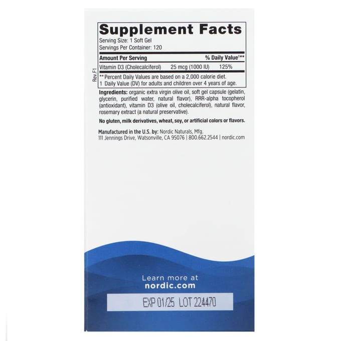 Nordic Naturals, Vitamine D3, Sinaasappel, 1.000 IE, 120 zachte capsules