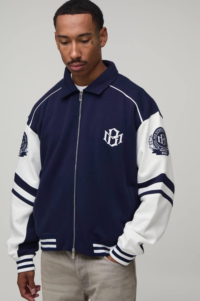 Boxy Fit Varsity Jack Met Kraag En Colour Block Design | Navy | Size Medium