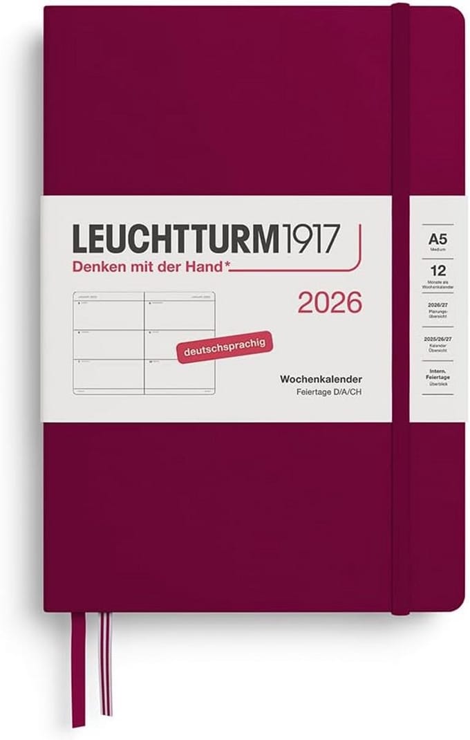 Weekkalender Medium A5 2026 - 12 Maanden Port Red