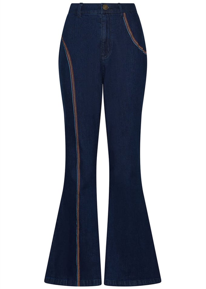 Succubus Clothing Rainbow Denim 70's Flare Jeans Navy