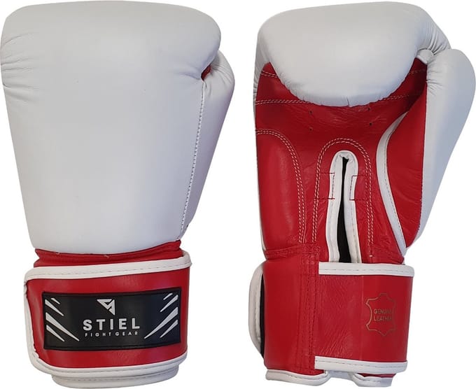 Stiel Pro Bokshandschoenen - Leer - Wit met rood (Beschikbaar in verschillende maten)