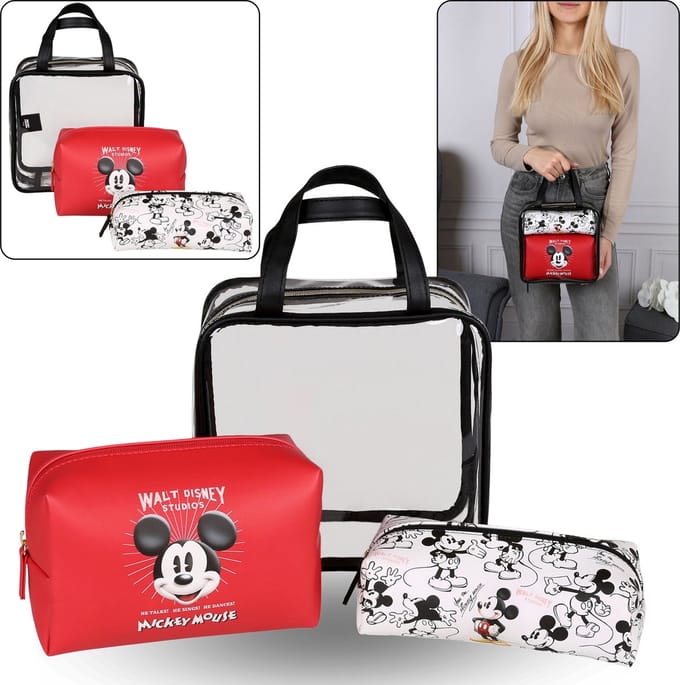 Mickey Mouse Rood met witte toilettassenset met rits, 3 stuks, verschillende maten