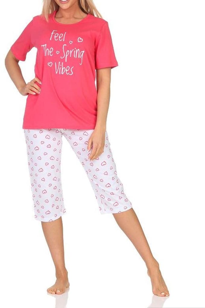 Normann dames pyjama korte mouw, pyjama capri broek in hartjeslook