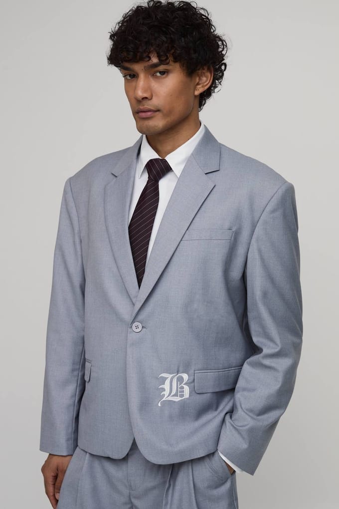 Embroidered Oversized Blazer | Grey | Size 44
